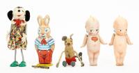 1930's Toys: Schuco Original Bigo-Fix, Schuco Jolly Mouse, J. Chein Tin Rabbit, and Two Kewpie Dolls