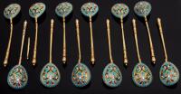 12 Choice Russian Enamel Spoons (1890-1908) of Exceptional Craftsmanship and in Museum Quality Condition.