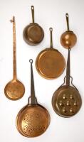 Collection of Six (6) Antique Copper and Tined Pans and Cookware, Two with Long Wrought Iron Handles, the others Brass.