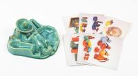 Catalina Island Pottery: Highly Collected "Man Taking Siesta" Pipe Holder and Matchbook Ashtray in Aqua Glaze. Excellent Conditi