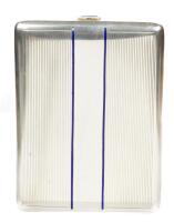 Handsome Men's Silver Cigarette Case (.900-.925), Very Tailored Pin Stripe Design Higlighted with Two Blue Enamel Lines. Classy.