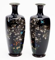 Two Large Cloisonn&Atilde;&copy; Vases Each With Bluebirds and Very Intricate Cherry Blossom Trees with Colorful Flowers at Bast