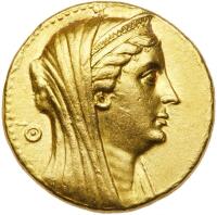 Ptolemaic Kingdom of Egypt. Arsino&Atilde;&laquo; II, wife of Ptolemy II, d. 270 BC. Gold Oktadrachm (or Mnaieion; 27.74 g), struck by Ptolem