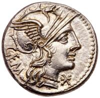 M. Aburius M.f. Geminus, moneyer. AR Denarius minted at Rome, c. 132 BC