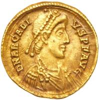 Arcadius, AD 383-408. Gold Solidus (4.46 g) minted at Mediolanum (Milan, Italy), AD 394-395