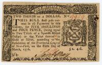 New York. March 5, 1776. Five Shillings and Four Pence (2/3rd of Dollar)