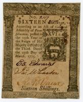 Pennsylvania. March 25, 1775. Sixteen Shillings
