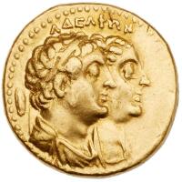 Ptolemaic Kingdom. Ptolemy II Philadelphos, with Arsin&Atilde;&para;e II, Ptolemy I and Berenike I. Gold Tetradrachm (13.80 g), 285-246 BC