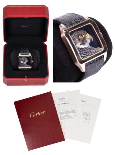 Magnificent Cartier Men's Santos Dumont Watch, Hawk Motif with High Relief Hand Engraving and Champlev&Atilde;&copy; Enamel. Limited