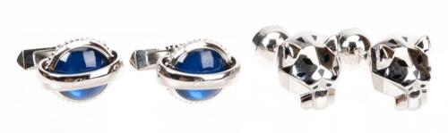 Cartier: Two Pair of Men's Sterling Silver Cufflinks. One with Jade another with Spinel. Both Pair Mint in Original Cart