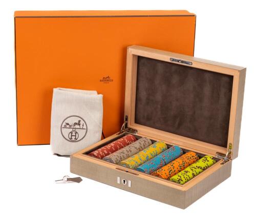Herm&egrave;s Luxury: 300 Poker Chips in Elegant and Masterfully Crafted Wood Presentation Box of Grey Sycamore, Calfskin and C
