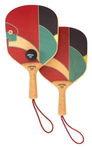 Herm&egrave;s Luxury: Paddle Ball Set Jeux D'Animaux in Red Black and Green. Cork Handles and Official Herm&egrave;s Bain Paris Rubber