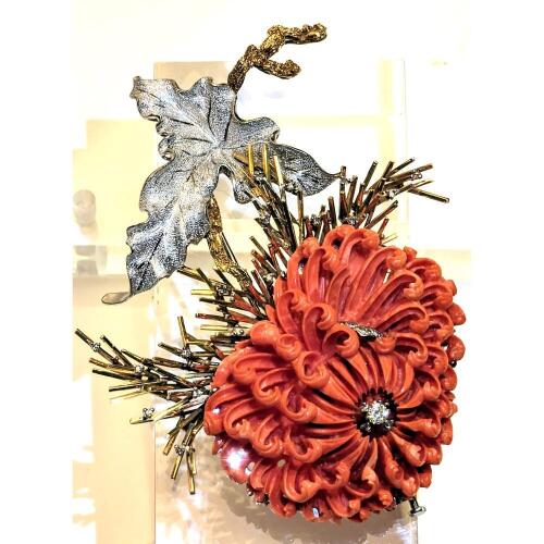 Magnificent 1930's-40's 18K White and Yellow Gold Brooch with Carved Coral Chrysanthemum Centered with a 20 Point European Cut D
