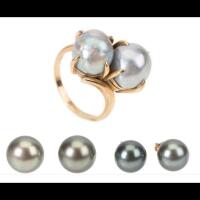 Two Pair of Ladies Black South Sea Pearl Earrings, One Pair Especially Fine, Plus Double Pearl and 14K Yellow Gold Ring