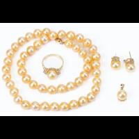 Beautiful Ensemble of Choice South Sea Golden Pearls and Accent Diamonds; Necklace, Ring, Earrings and Pendant