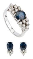 Vintage Sapphire and Diamond Ring and Matching Earrings in 14K White Gold