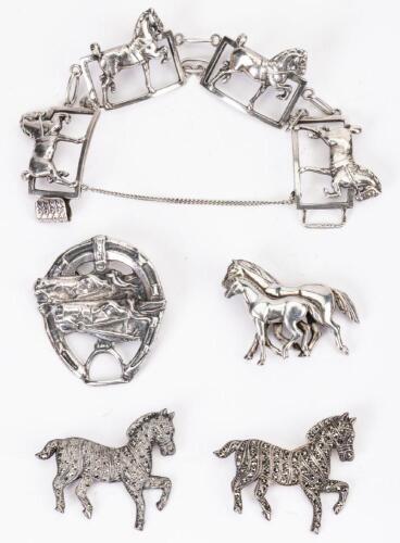 Collection of Sterling Silver Equestrian Themed Jewlery: A Terrific Bracelet and Four Small Brooches.