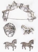 Collection of Sterling Silver Equestrian Themed Jewlery: A Terrific Bracelet and Four Small Brooches.