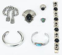 Seven (7) Sterling Silver Pieces from the Southwest and Mexico Including Two Cuffs, One Link Bracelet, Two Rings and Two