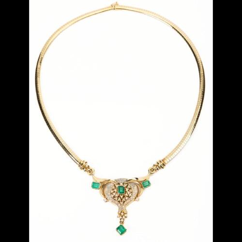 Elegant Italian Necklace in 14K Yellow Gold with Diamonds and Four Fine Columbian Emeralds Totaling 3.5 Carats