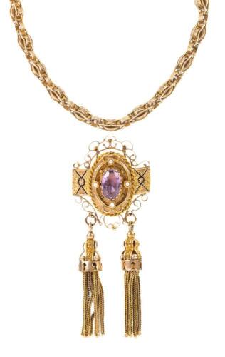 Outstanding Victorian Necklace in 10K Yellow Gold Centered with an Oval Amythest