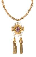 Outstanding Victorian Necklace in 10K Yellow Gold Centered with an Oval Amythest