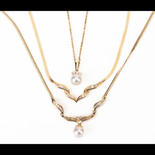 Ladies Necklaces, Two in 14K Yellow Gold and One in 18K Yellow Gold, All Having Diamonds and Two with Pearls.