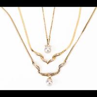 Ladies Necklaces, Two in 14K Yellow Gold and One in 18K Yellow Gold, All Having Diamonds and Two with Pearls.