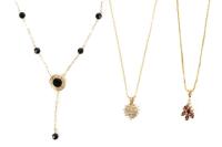 Three Wonderful Pendant Necklaces for the Lady; 14K Yellow Gold, Rubies, Diamonds and Onyx