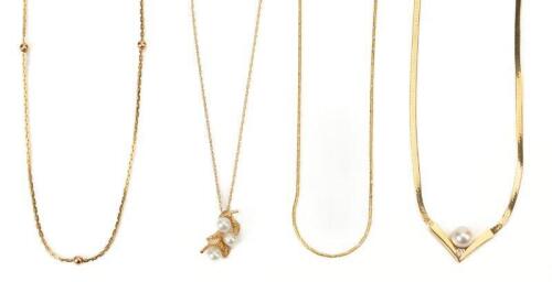 Four 14K Yellow Gold Necklaces, Two with Pearls