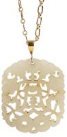 Beautiful Carved Jade Pendant with a Temple and Foliate Design on a Heavy 14K Yellow Gold Chain