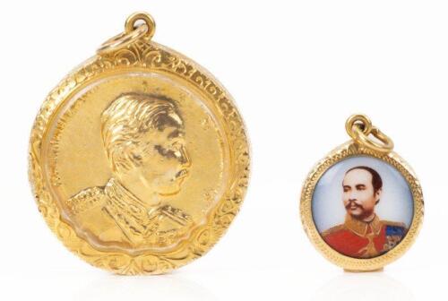 Two 18K Yellow Gold Pendants. Both Commemorating Rama V, King Chulalongkorn of Siam.