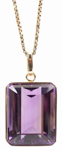 Stunning Amethyst Asher Cut Pendant in Heavy 14K Yellow Gold Bezel with 14K Yellow Gold Box Chain
