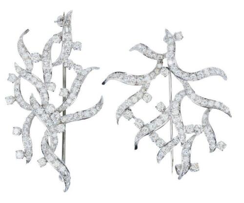 Pair of Lady's 14K White Gold Pins each with .75 Carats of Diamonds Appering as if Branches Frozen with Ice