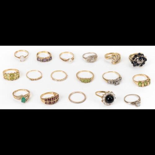 Collection of 17 Ladies Rings in 14K Gold,7 having Modest Diamonds, 10 having Precious and Semi-Precious Stones