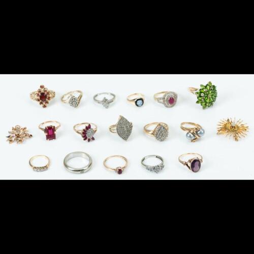 Collection of 16 10K Gold Rings with an Assortment of Precious and Semi-Precious Stones Including Diamonds, Rubies and P