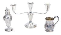 WITHDRAWN - Antique Sterling Silver Candlestick, Sugar Shaker and Inscribed Cup