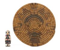 Antique Hopi Coiled Basketry Tray/Plaque and vintage 50's Kachina Doll