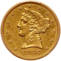 1846 $5 Liberty. Lg Date