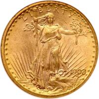 1908 $20 St. Gaudens. No Motto NGC MS64