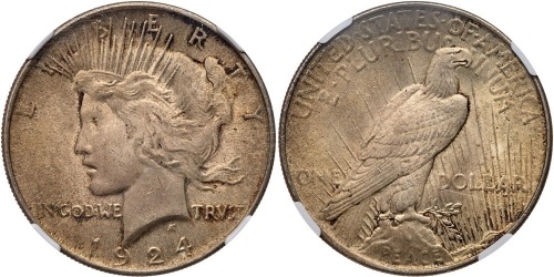 1924 Peace Dollar. NGC graded MS65