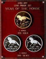 China (People's Republic). Year of The Horse Proof Set: Gold 100 Yuan and Silver (2) 10 Yuan, 1990