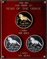 China (People's Republic). Year of The Horse Proof Set: Gold 100 Yuan and Silver (2) 10 Yuan, 1990