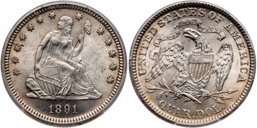 1891 Liberty Seated Quarter Dollar. PCGS graded MS63