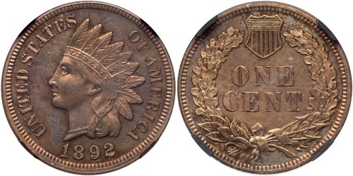 1892 Indian Head Cent. NGC graded PF62 RB iridescent toning