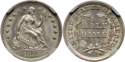 1855 Liberty Seated Half Dime. NGC graded MS64