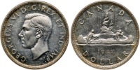 Canada. Silver Dollar 1947 Pointed 7 Maple Leaf. AU50