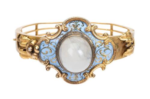 Remarkable, Antique Victorian 20 Karat Yellow Gold, Enamel and Exquisite Star Sapphire Cabochon Hinged Bangle Bracelet