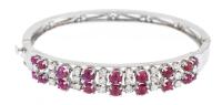 Ladies Beautiful 14K White Gold, Diamond and Ruby Cabochon, Vintage, Hinged Bangle Bracelet.