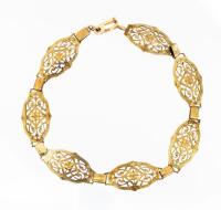 Ladies Delicate 14K Yellow Gold Bracelet with Seven Oval Links of Lovely, Open Filigree Work